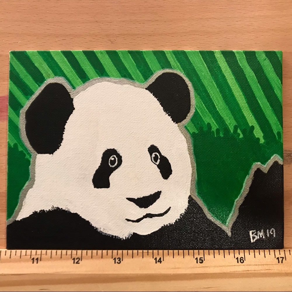 Panda Acrylic Painting in black, white and green color scheme hand painted art